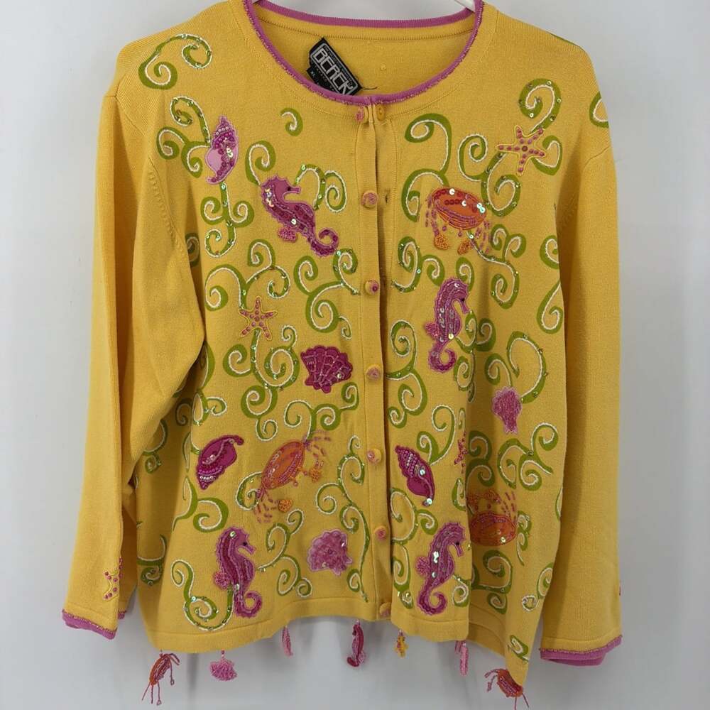 VTG Berek XL Cardigan Sweater Crab Seahorse Starfish Ocean Teacher 80s Grandma